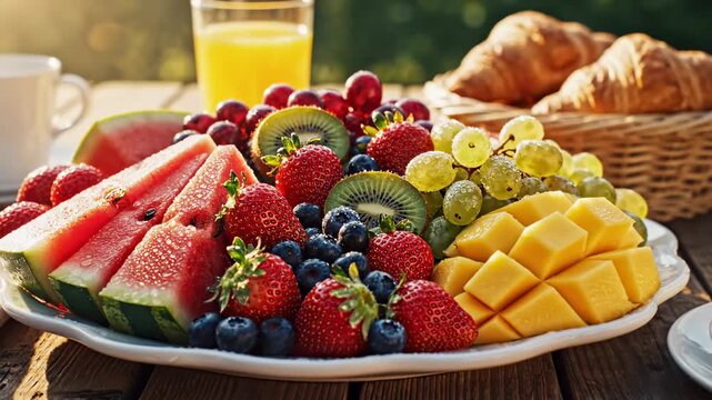 Delicious Fruit Platter with Watermelon, Berries, and Mango for Breakfast.