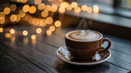 Delicious latte art coffee cup on a wooden table background