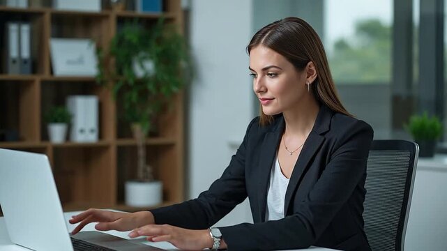 Focused Young Businesswoman Working on Laptop in Modern Office. Professional Female Executive Engaged in Corporate Task at Her Desk.