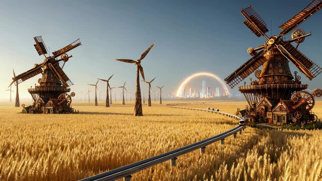 Steampunk Windmills in Futuristic Wheat Field City