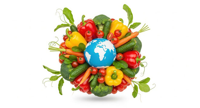 Colorful assortment of fresh vegetables and fruits surrounding a globe, symbolizing global food awareness and sustainability for World Food Day celebration and initiatives