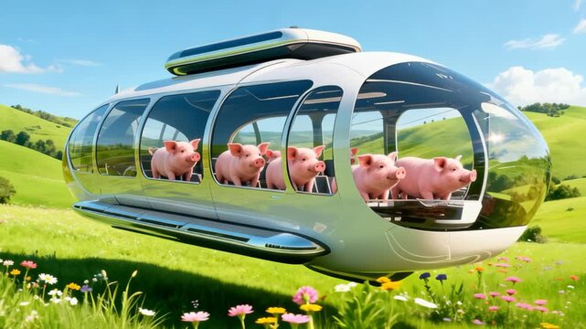 Piglets ride a futuristic flying bus across a meadow