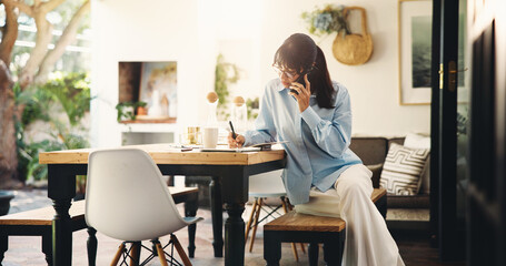 Woman, phone call and writing in notebook in home for venue booking, date schedule and remote work. Freelancer, event planner and contact client on patio for vendor negotiation and planning process