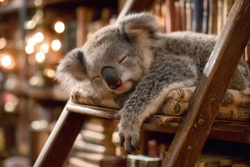 Koala librarian shushing quietly from ladder in warm softly lit library