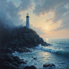Ocean lighthouse photography in warm dusk and thundercloud hues conveying endurance and hope