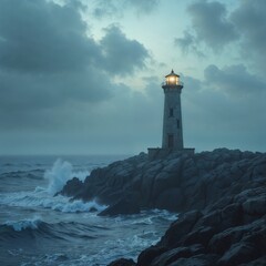 Seaside lighthouse photography in misty neutral tones embodying solitude and safety