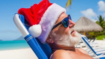 Santa Claus relaxing on a tropical beach chair, wearing sunglasses and a festive red hat, enjoying a colorful cocktail with palm trees and ocean in the background, perfect for holiday vibes. 