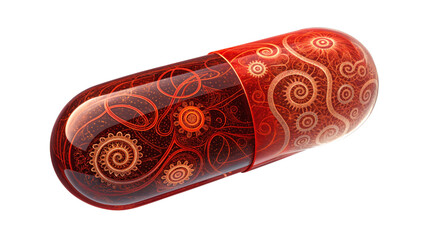A single red translucent capsule pill with intricate steampunk-style gear and swirl patterns isolated on a white background.
