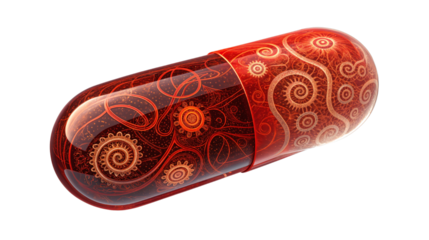 A single red translucent capsule pill with intricate steampunk-style gear and swirl patterns isolated on a white background.