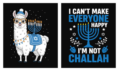 Hanukkah t-shirt bundle: llama with menorah and lights + 'I can't make everyone happy, I'm not challah' with menorah and dreidels  Jewish holiday cartoon vector for apparel, merch, sublimation © ABUSALEH