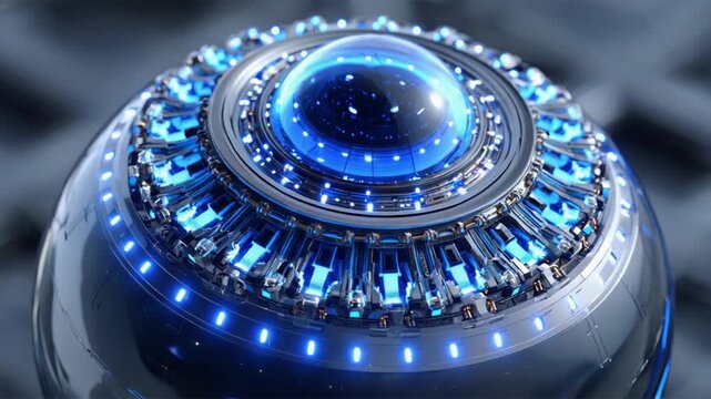 Futuristic Orb of Technological Marvel: An intricate, glowing orb of mesmerizing blue, a beacon of technological innovation. Its complex design suggests advanced engineering and boundless potential.