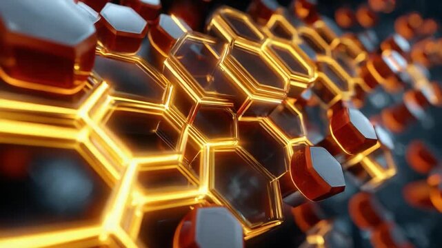 Honeycomb Pattern with Glowing Light: A close-up view unveils a network of interconnected hexagonal cells bathed in warm light, radiating with energy and geometric precision.
