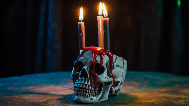 Dripping red blood candle holder skull with burning candles in dark moody lighting image - Powered by Adobe