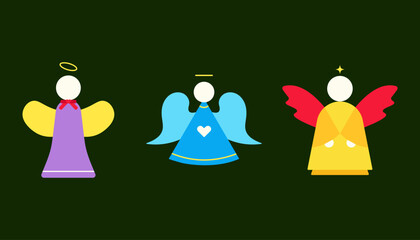 Christmas Angel Flat Icon Set – Minimal Colorful Holiday Vector Illustration of Festive Guardian Figures