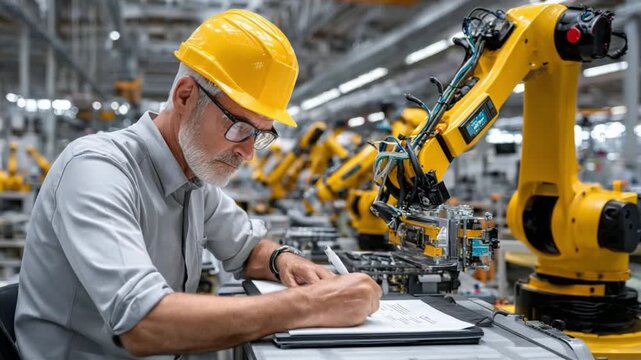 Factory Automation: An experienced engineer meticulously reviews schematics amidst a bustling factory, where advanced robotic arms orchestrate production with precision and efficiency.