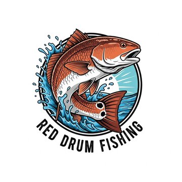 red drum fish as a logo print design on various media such as t-shirts, mugs, hats, tote bags, etc. for various events related to fishing hobbies, vintage cartoon flat design illustrations
