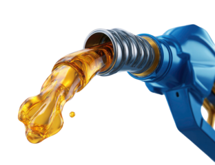 Golden liquid pouring from a blue bottle on transparent background