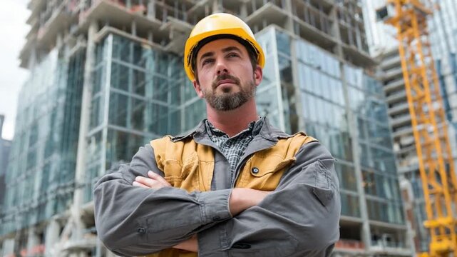 Construction Worker's Confidence: A skilled construction worker stands proudly against the backdrop of a modern skyscraper, embodying the spirit of hard work and structural ambition.