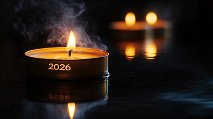 Glowing 2026 candle flame with smoke, symbol of hope and new beginnings for the year
