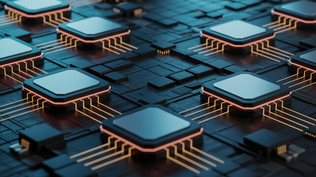 Futuristic circuit board with glowing orange lines and square processors technology computer chip