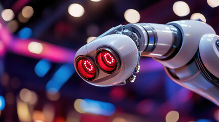 futuristic robots display advanced design and technology at a performance venue with bright lights and an audience in the background