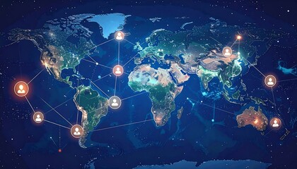 World map overlayed with glowing lines connecting avatars, symbolizing global network & connectivity