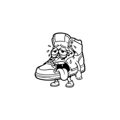 Exhausted sneaker mascot tired and sweaty with tongue out 