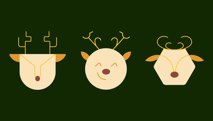 Reindeer Flat Icon Set – Cute Minimal Christmas Deer Vector Illustration for Festive Holiday Design