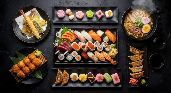 A top-down view of an elegant assortment of Japanese dishes including fresh sushi and sashimi, steaming ramen noodles, crispy tempura, gyoza dumplings, and colorful wagashi sweets. Captured in a refin