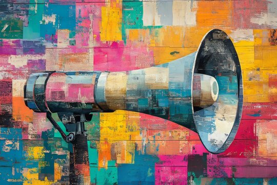 Megaphone, collage art, and protest banner for humanity and human rights awareness. Colorful, vibrant posters representing social issues for media, activism, and creative design, Generative AI