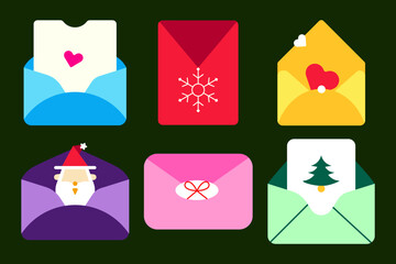 Christmas Envelope Flat Icon Set – Minimal Vector of Holiday Mail, Greeting Cards, and Festive Winter Celebration