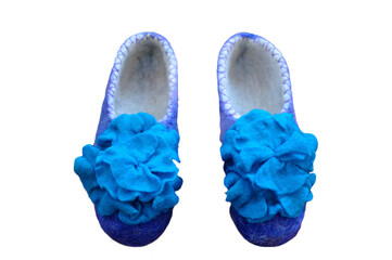 Traditional Kyrgyz woman felt blue slippers isolated on a white background, handmade