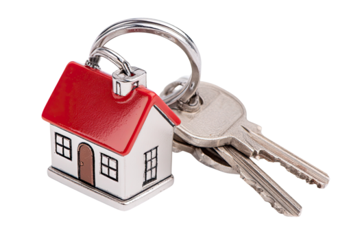 Silver key and house shaped keychain displayed on transparent background
