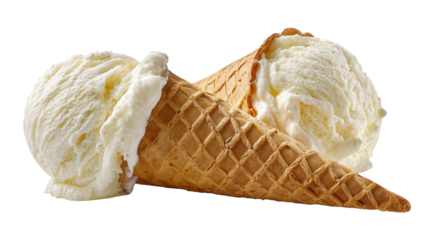 Two scoops of vanilla ice cream in waffle cone on transparent background