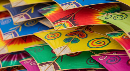 Fototapeta premium Colorful kites stacked together with vibrant designs in daylight 