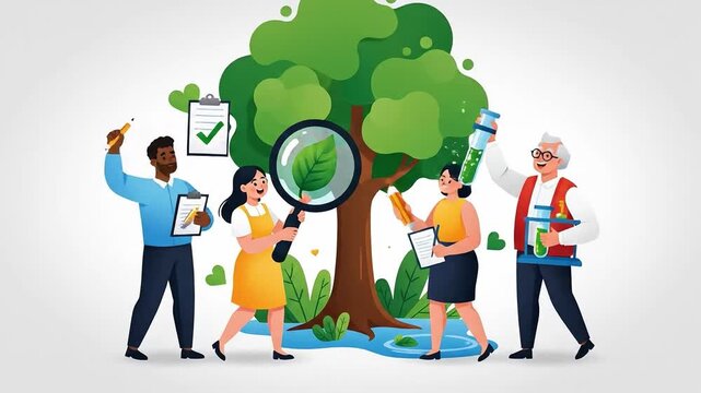 Diverse team collaborates on ecological survey, examining leaf health, recording observations, and