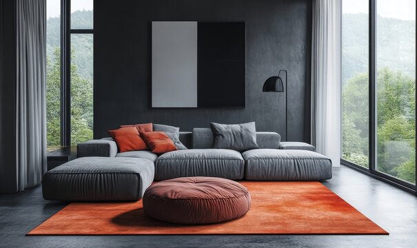 Couch, interior design, and living room with modern furniture and minimalist decor. Feng Shui and architecture for home spaces and real estate renovation projects, Generative AI