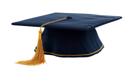 Dark blue graduation cap with golden tassel on transparent background