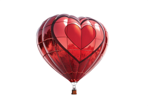 Soaring Heart: A vibrant, heart-shaped hot air balloon rises gracefully against the bright sky, a symbol of love, freedom, and the promise of new adventures.