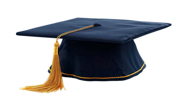 Dark blue graduation cap with golden tassel on transparent background