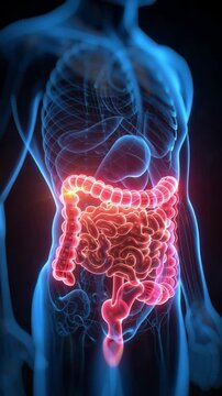 Intestine Anatomy: A detailed, vibrant depiction showcases the human intestinal system in a captivating display of human anatomy, highlighting its intricate structures and vital functions.