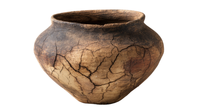 Ancient earthenware pot with cracked surface on transparent background