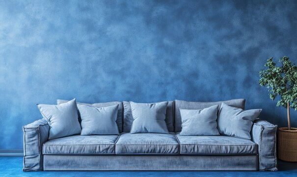 Couch, interior design, and living room with modern furniture and minimalist decor. Feng Shui and architecture for home spaces and real estate renovation projects, Generative AI