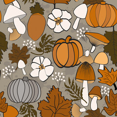 Seamless autumn pattern with pumpkins, mushrooms, oak leaves and forest plants in warm brown and orange tones. Cozy seasonal background for fabric, wrapping paper and fall design.
