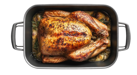 Roasted chicken in a square pan delicious meal on transparent background