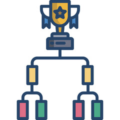 Tournament bracket structure with trophy and colored match boxes on transparent background