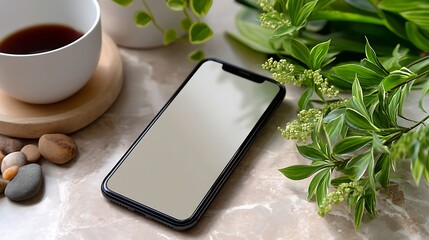 Modern smartphone on marble surface with plants and cup of coffee