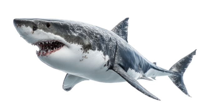Great white shark portrait with open mouth on transparent background