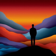 Silhouette of Man Against Abstract Landscape with Colorful Waves