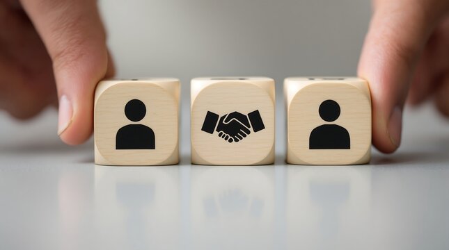 Business partnership concept with wooden blocks showing handshake and people icons for collaboration